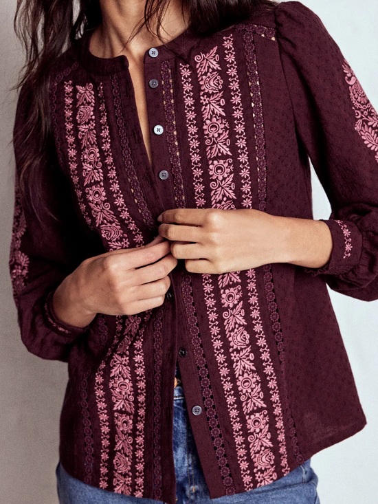 Boden Tops - Boden Embroidered Cotton Top- Dark Cherry
